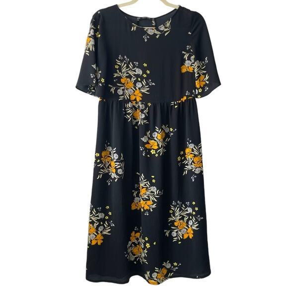 Zara Basic Collection Floral Midi Dress | Black & Yellow | Small - Picture 1 of 6